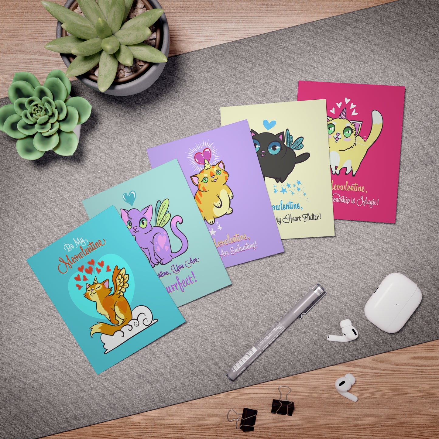 Magical Meowlentine Cards for Your Valentines (5-Pack)