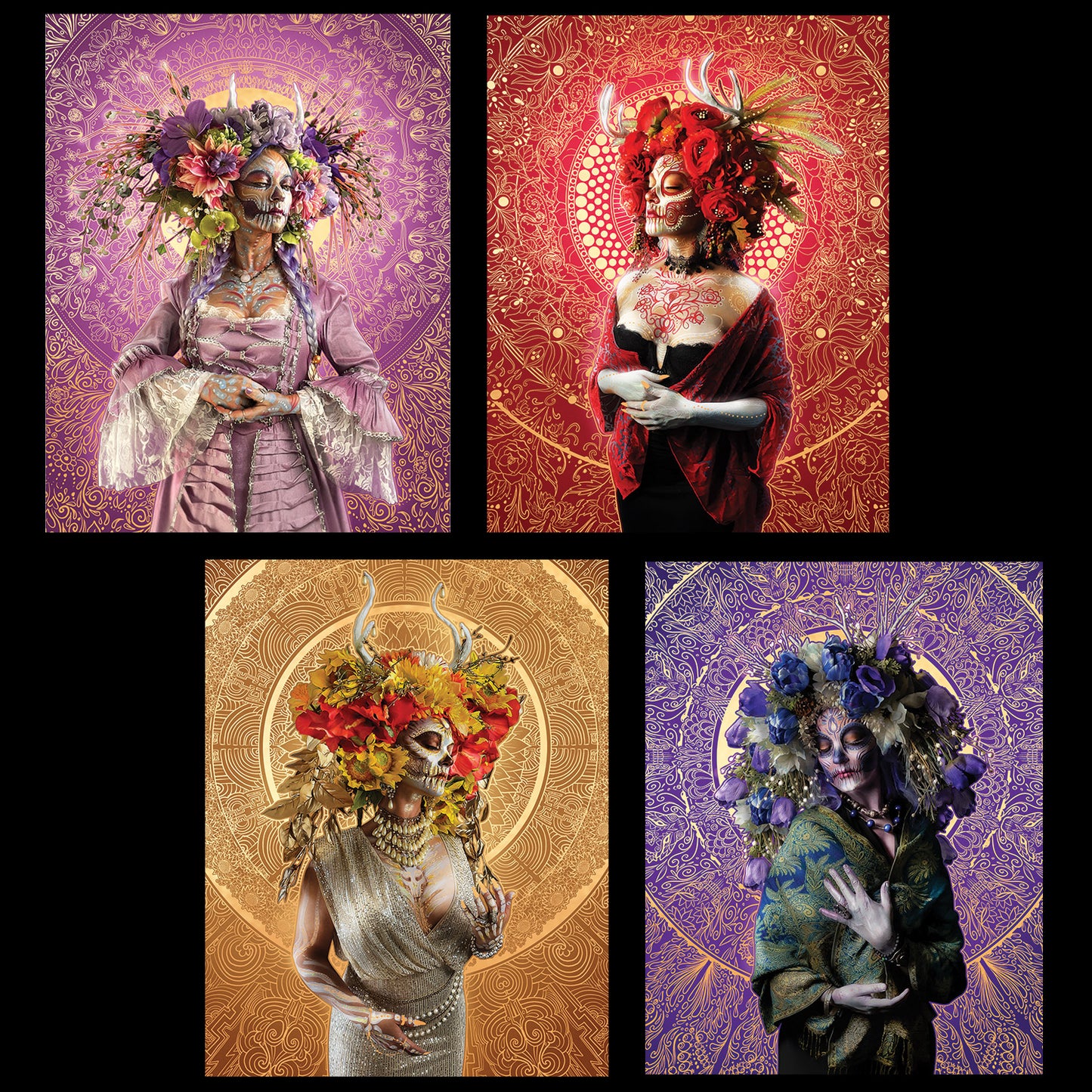 Bouquet "Flowers Of The Grave" Reflective Foil Art Print Set Of 4